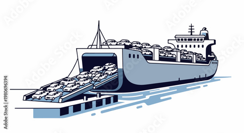 Large cargo ship loaded with cars docked at port, ramp extended