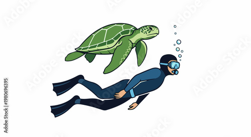 Cartoon diver and sea turtle swim together in clear blue water