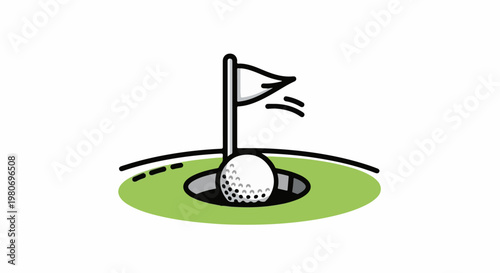 A simplified illustration of a golf ball near a hole with a flag
