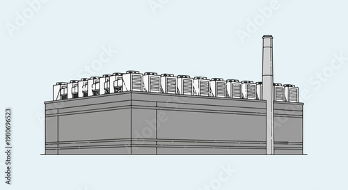 Industrial building rooftop HVAC units and chimney on light blue background