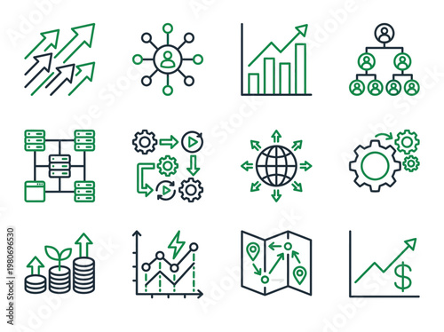 Global business scaling and organizational management icon set for investment growth, process automation, and strategic expansion planning