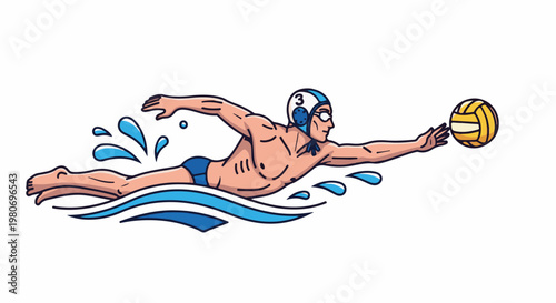 Cartoon athletic person swimming with a ball and splashes