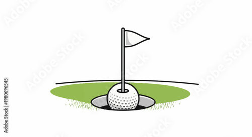 A golf ball sits in a hole with a white flag on a green course
