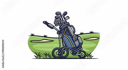 A blue golf bag on a cart with clubs on a green course