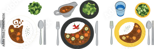 Fresh Green Salad Illustration Set Featuring Healthy Vegetable Bowls with Dressing, Citrus Slices and Leafy Ingredients for Diet and Nutrition Design Isolated on White Background