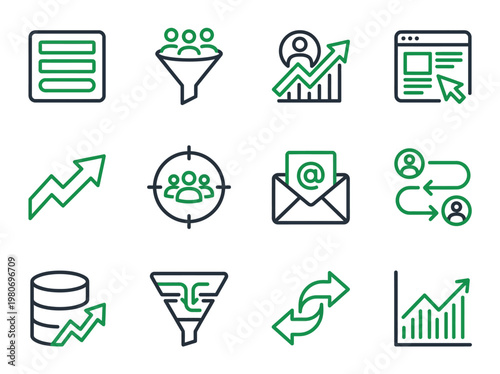 
Lead generation and customer targeting icon set for email marketing, data filtering, and sales funnel management applications