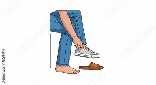 Person tying laces on a casual shoe, a slipper rests nearby