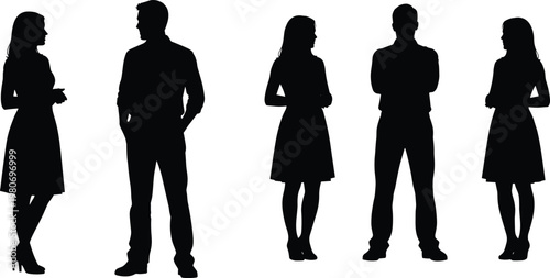 People silhouettes standing set, men and women conversation poses, human figures isolated, black silhouette collection, casual lifestyle concept illustration