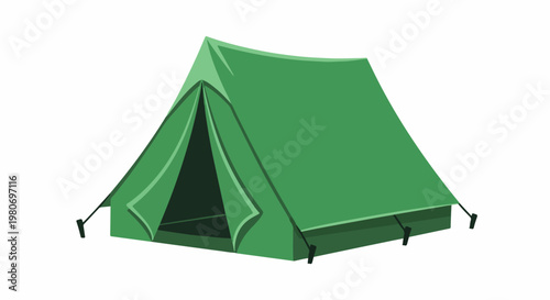A simple green canvas tent stands on a white background