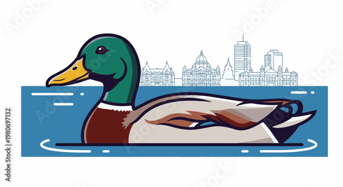 Stylized mallard duck swims in blue water with a city skyline in background