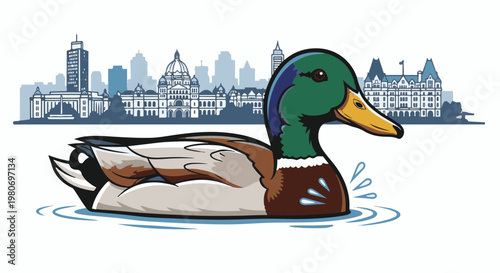 Stylized mallard duck swims in water with a city skyline silhouette