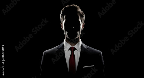 The enigma of the modern professional A silhouetted figure in business attire, symbolizing hidden agendas, confidential data, and the invisible hand of power