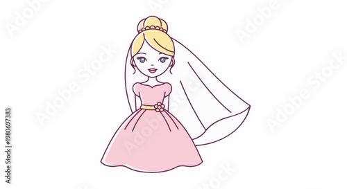 A cartoon bride with blonde hair in a bun, wearing a pink dress and veil