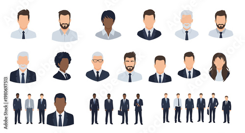 Collection of Diverse Business People Icons in Formal Attire for Professional Settings