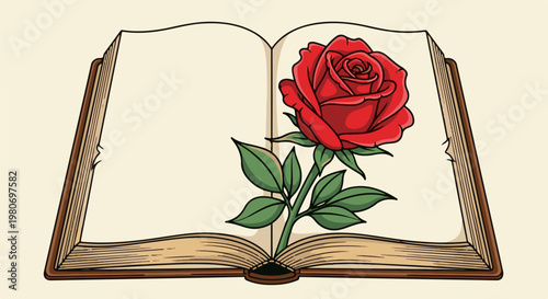 Open book with a single red rose blooming on its pages