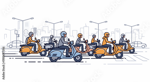 A group of people on scooters on a busy city street