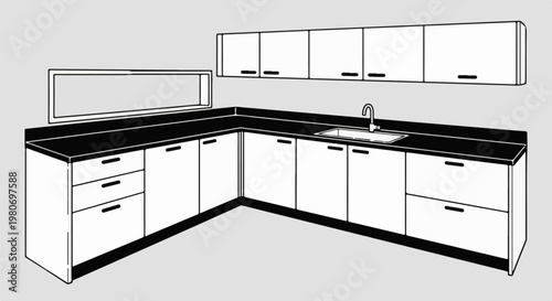 L-shaped kitchen with overhead cabinets, sink, and drawers