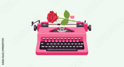 A retro pink typewriter with a red rose and paper