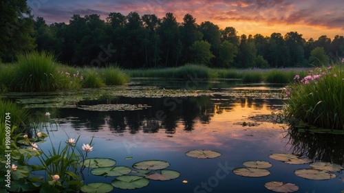 Serene sunset over a tranquil lake surrounded by lush greenery and blooming water lilies