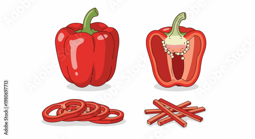 A whole red bell pepper, sliced rings, and julienned strips