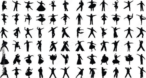 Dancing silhouettes mega collection, men and women dance poses set, dynamic performance figures, isolated black silhouettes, activity lifestyle illustration