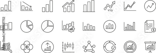 Set of business data analytics thin line icons including bar charts, pie graphs, growth arrows, financial reports, and infographic elements.