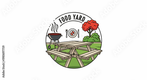 Picnic table, grill, and tree in a circular outdoor food graphic