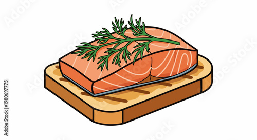 Isometric salmon fillet with dill on a wooden board with grill marks