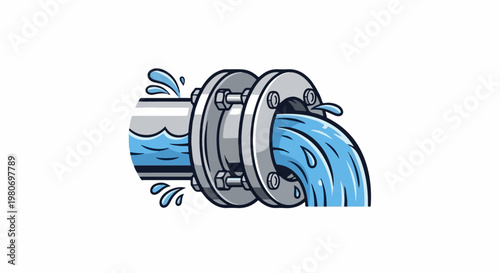 Water flowing from a pipe through a bolted flange connection with splashes
