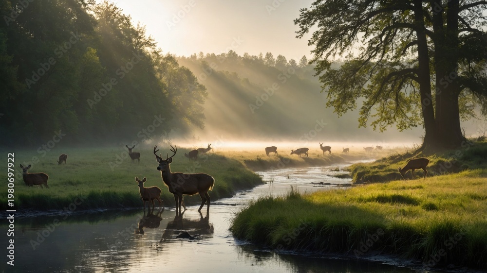 Obraz premium Majestic deer standing by a tranquil stream at dawn, surrounded by misty forest and grazing herd