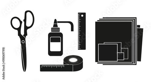 Black and white office supplies collection.