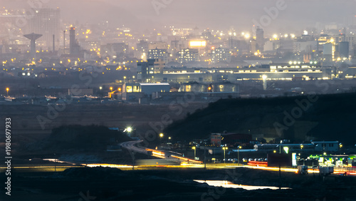 Cluj night cityscape with light trails and urban skyline Romania