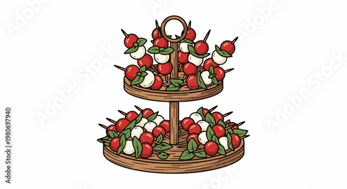 Wooden tiered stand displaying numerous tomato and mozzarella skewers