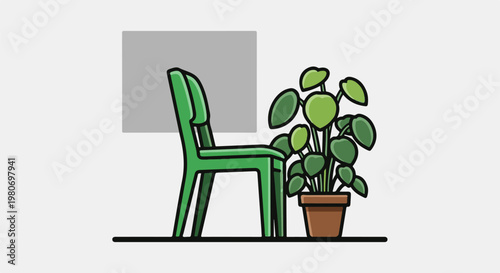 Simple green chair and potted plant illustration