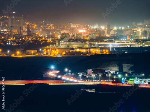 Cluj night cityscape with light trails and urban skyline Romania
