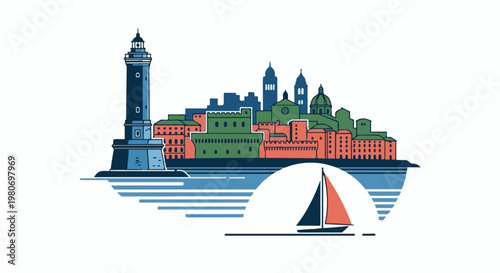 Stylized coastal city with a lighthouse and a sailboat on blue water