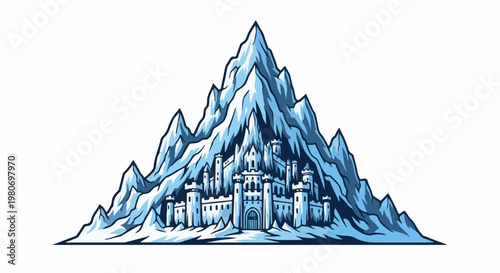 Majestic ice-covered castle integrated into jagged mountain peaks
