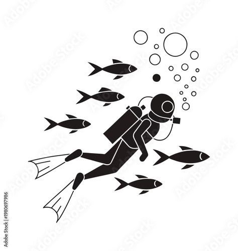 Vector of a scuba diver swimming underwater surrounded by fish and bubbles