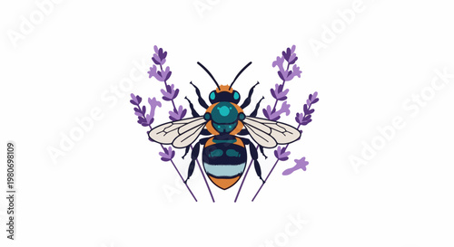 A stylized bee with vibrant colors and detailed wings rests among lavender sprigs