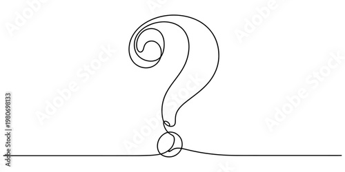 A single continuous line drawing of a question mark symbol on a plain white background surface. Vector, illustration