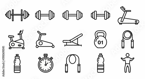 Collection of outline icons representing fitness equipment and activities for health