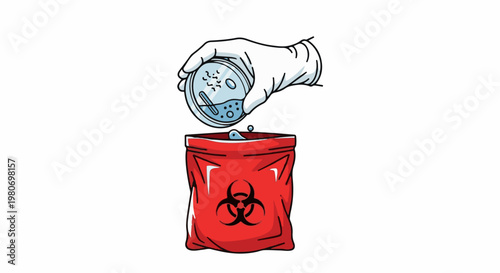 Gloved hand discards petri dish containing cultures into biohazard bag