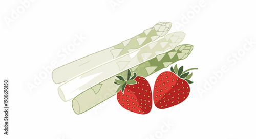 A simple illustration of white asparagus stalks and two ripe strawberries