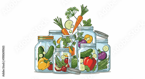 Preserving colorful vegetables and herbs in assorted glass jars for storage