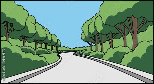 A road curves through a serene forest with a bright blue sky overhead