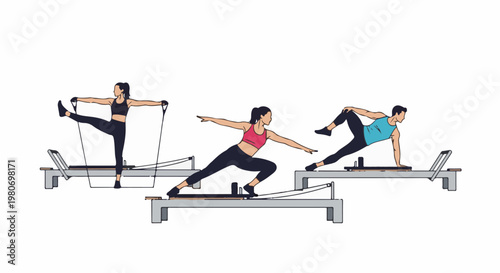 Three people on reformers doing Pilates exercises