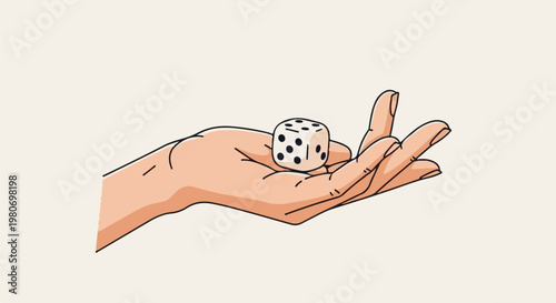 A hand holds a single die, showing a chance outcome