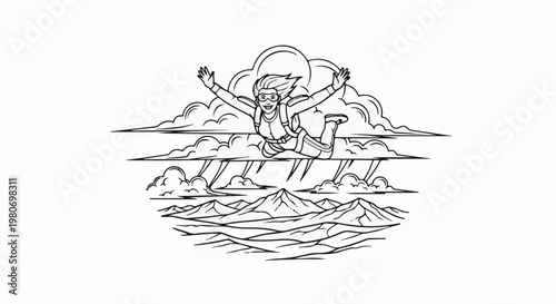 Person skydiving with arms outstretched, clouds, lightning and mountains below