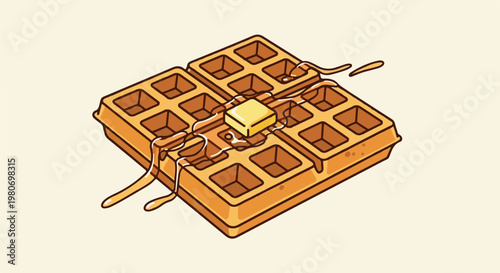 A stylized illustration of a square waffle with melting butter and dripping syrup