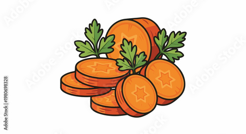 Vibrant orange carrot slices with green leafy tops